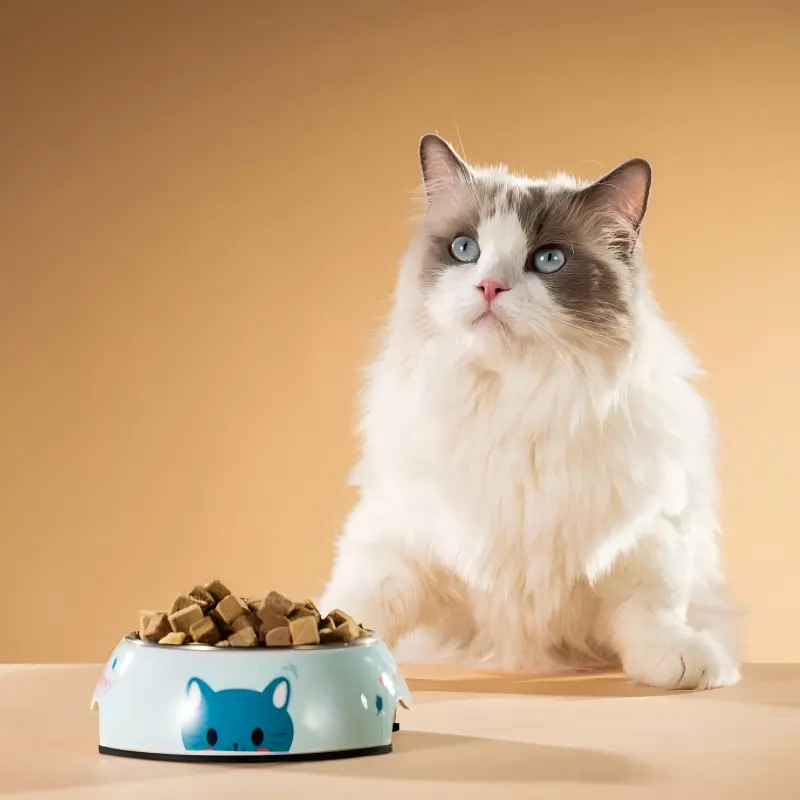 Fluffy white Ragdoll cat sitting beside a bowl of dry cat food.