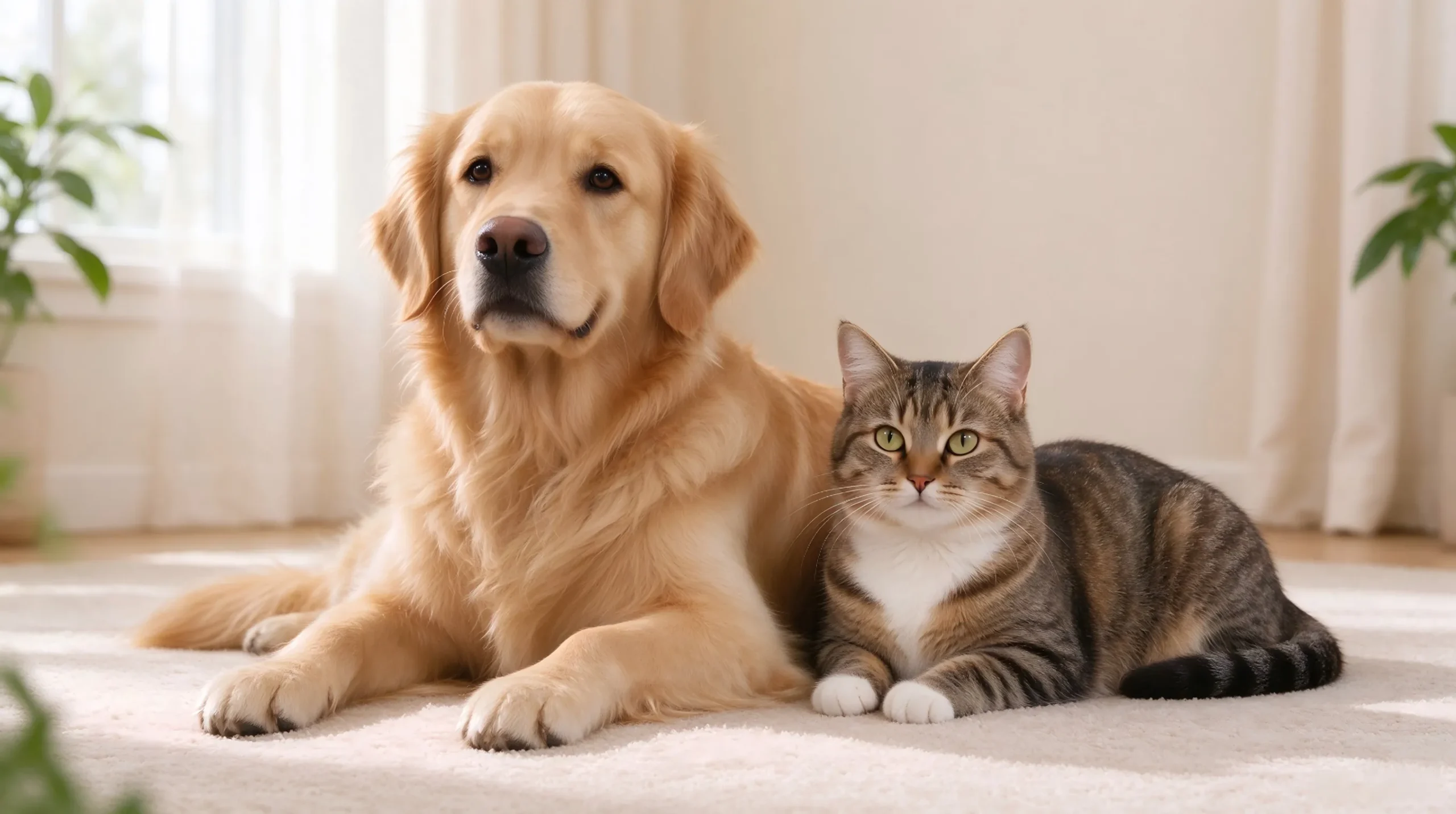 Golden retriever and tabby cat resting together, soft cream background, pet homepage banner