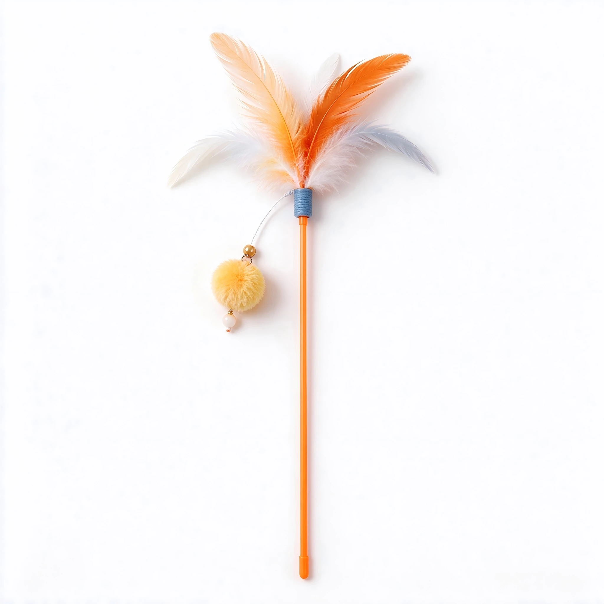 Orange feather interactive cat teaser toy, white background, playful cat accessory product