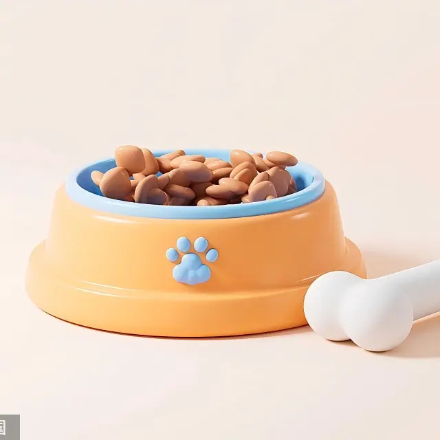Orange pet food bowl filled with kibble and a white dog bone.