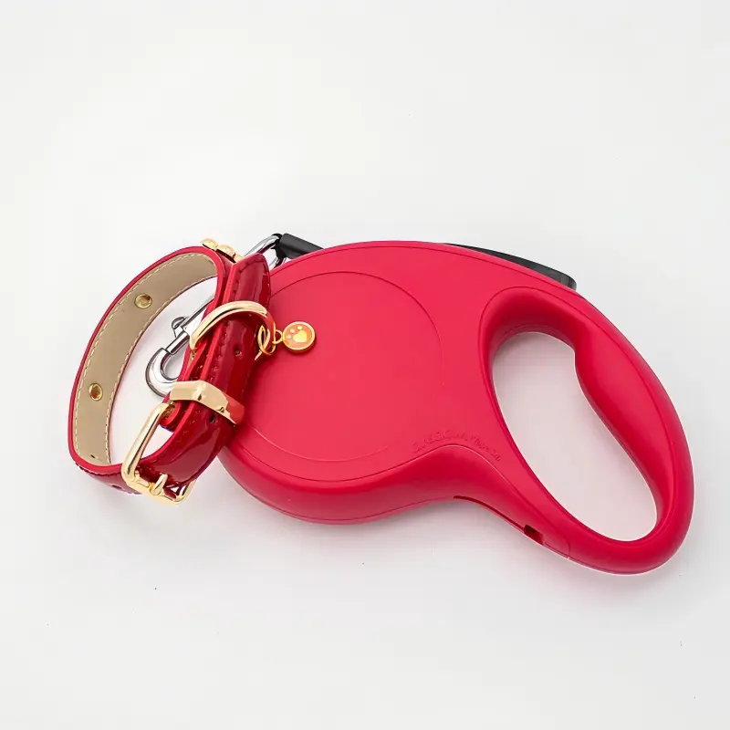 Red retractable dog leash and leather collar on a white background.