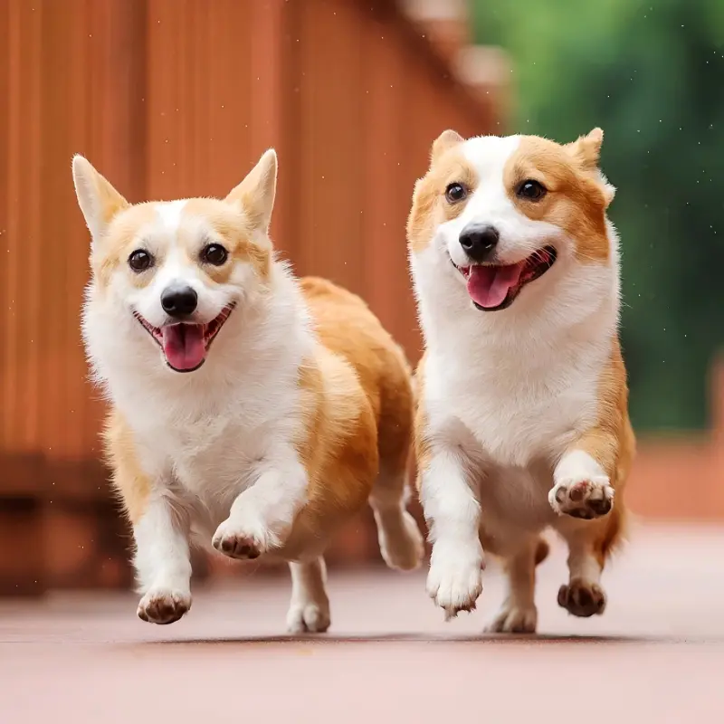 Two happy Corgi dogs running outdoors on a garden path.